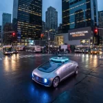 Autonomous vehicle navigating a busy city intersection during dusk highlighting potential accident risks