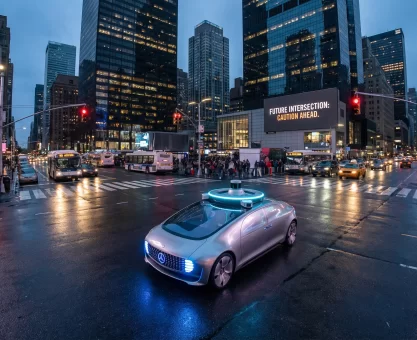 Autonomous vehicle navigating a busy city intersection during dusk highlighting potential accident risks