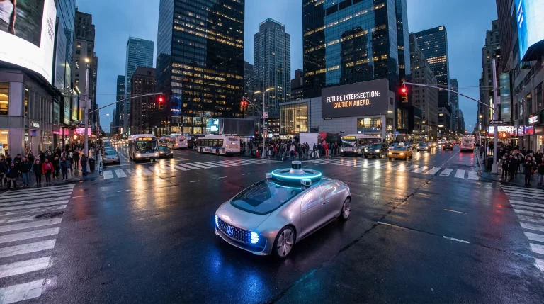 Autonomous vehicle navigating a busy city intersection during dusk highlighting potential accident risks