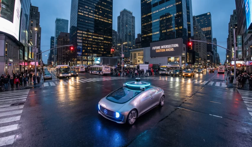 Autonomous vehicle navigating a busy city intersection during dusk highlighting potential accident risks