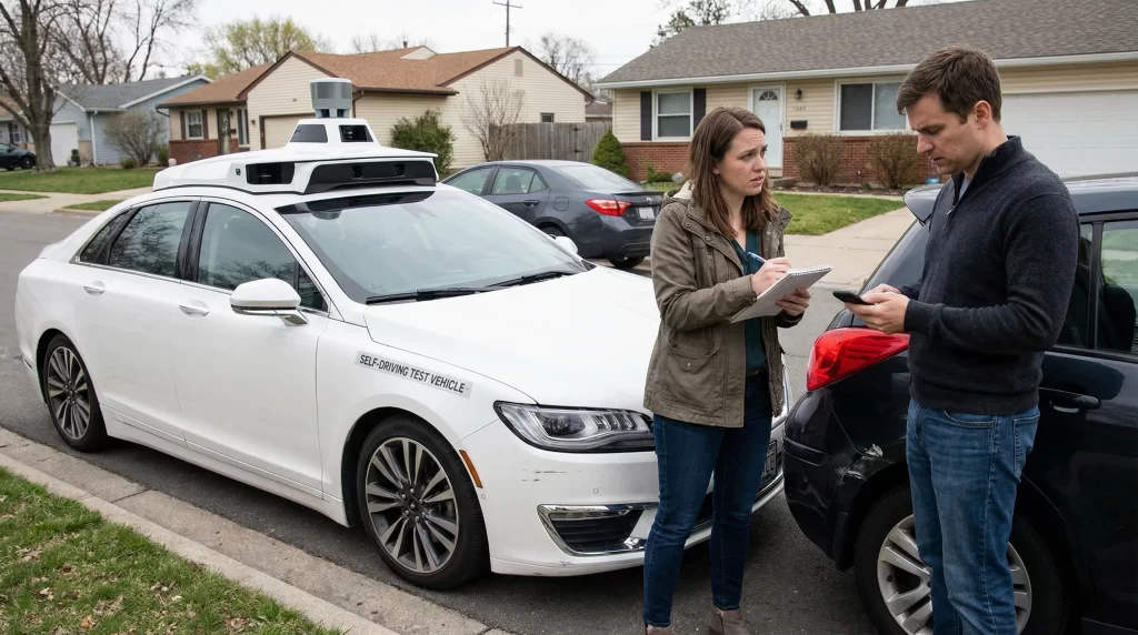 Drivers exchanging insurance information after a collision with an autonomous vehicle
