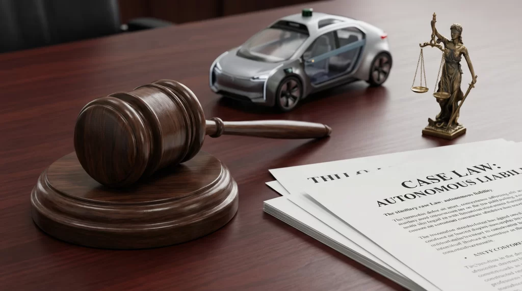 Legal gavel and documents representing the complex liability laws surrounding autonomous vehicle accidents