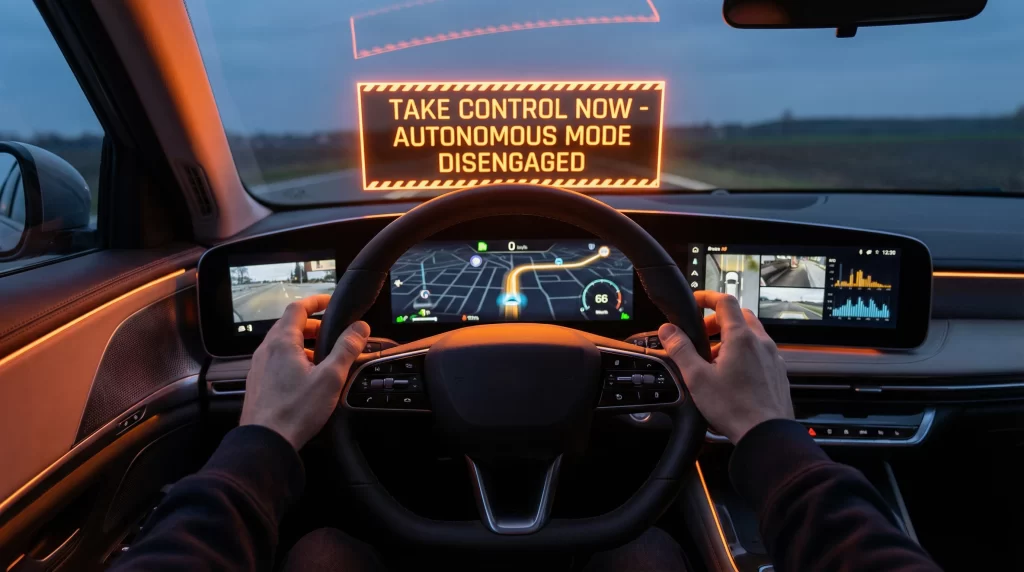 Self-driving car dashboard displaying a warning message requiring human driver intervention