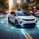Futuristic vehicle on a bustling street