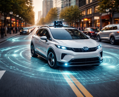 Futuristic vehicle on a bustling street