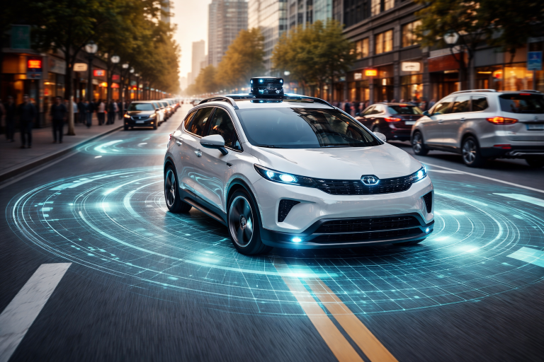 Futuristic vehicle on a bustling street