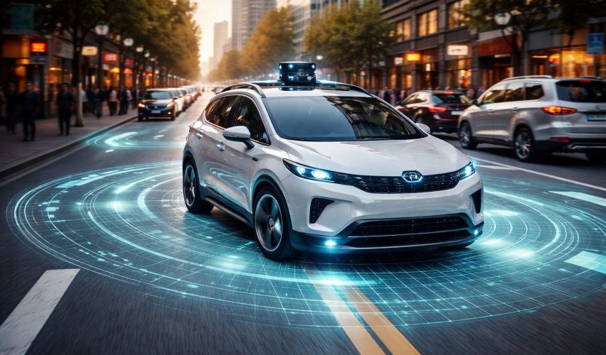 Futuristic vehicle on a bustling street