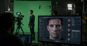 AI deepfake technology being used during a movie production scene