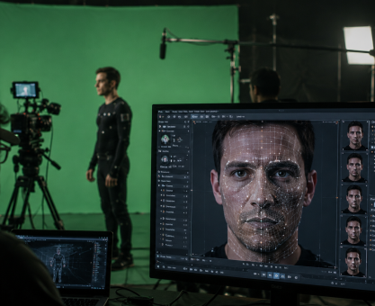 AI deepfake technology being used during a movie production scene
