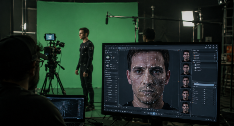 AI deepfake technology being used during a movie production scene