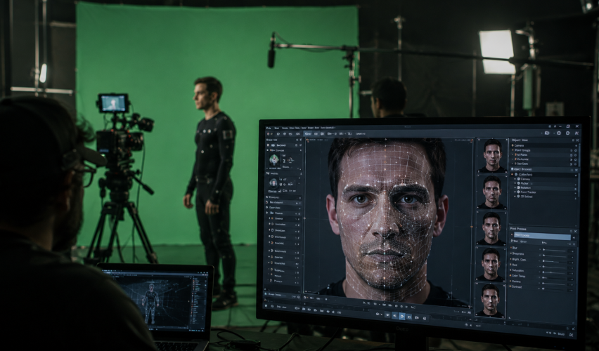 AI deepfake technology being used during a movie production scene