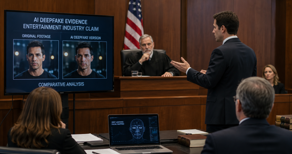 Courtroom legal case involving AI deepfake entertainment claims
