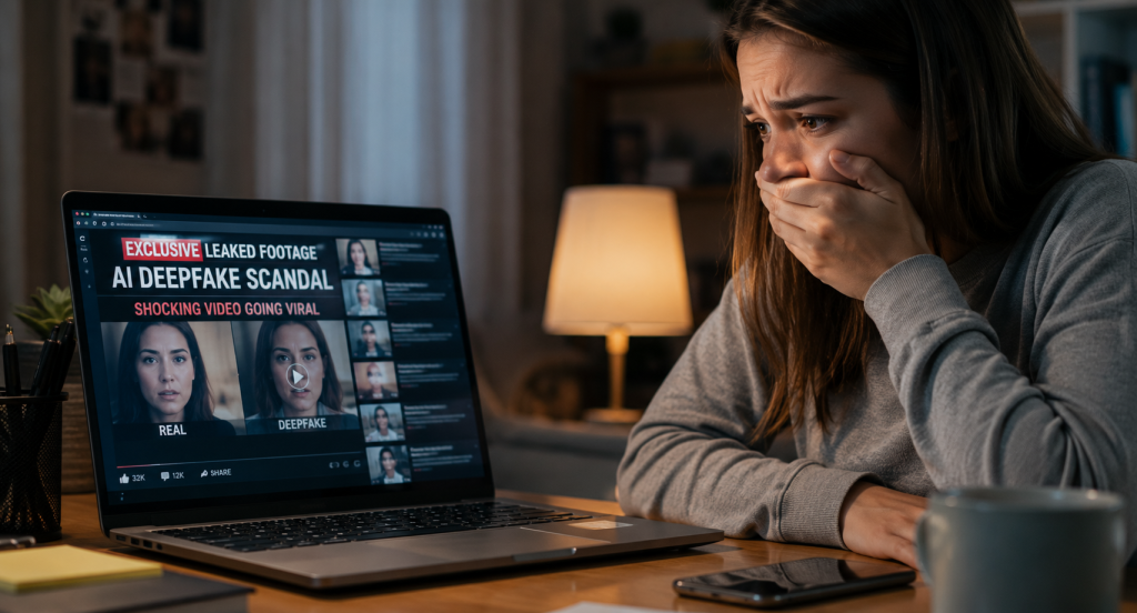 Person reacting emotionally to harmful AI deepfake content online