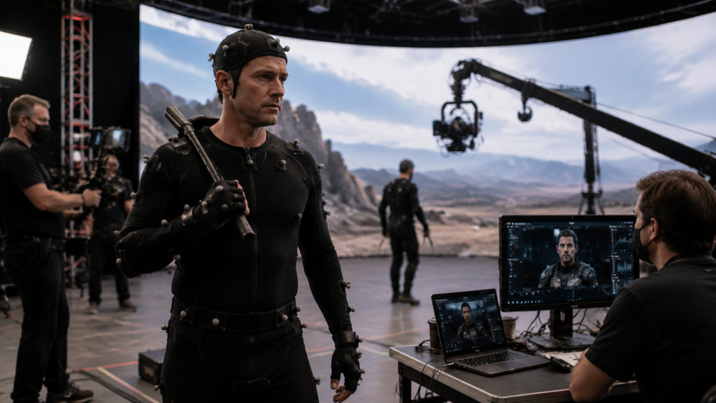 Actor wearing motion capture suit on set during virtual production filming