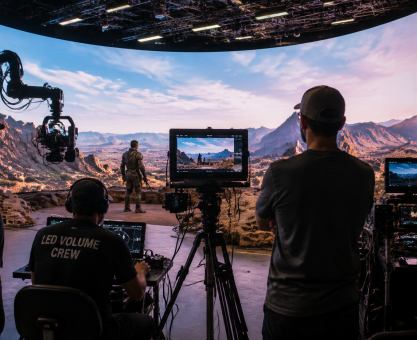 Film crew working on a virtual production LED volume stage during a shoot