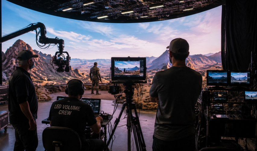 Film crew working on a virtual production LED volume stage during a shoot