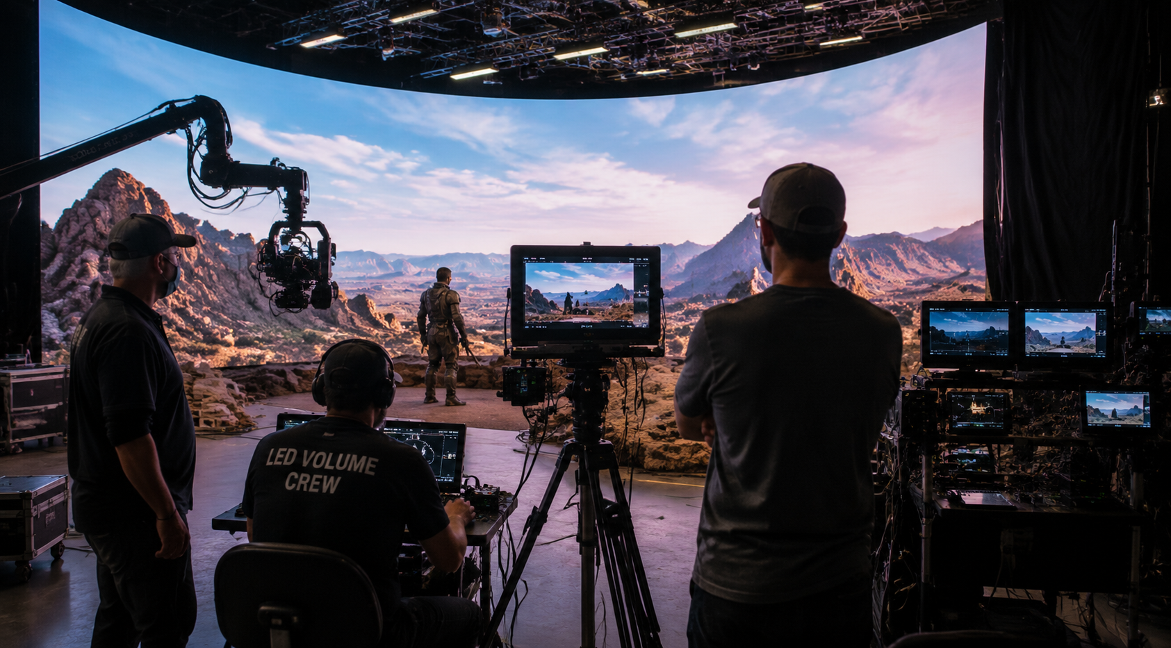 Film crew working on a virtual production LED volume stage during a shoot