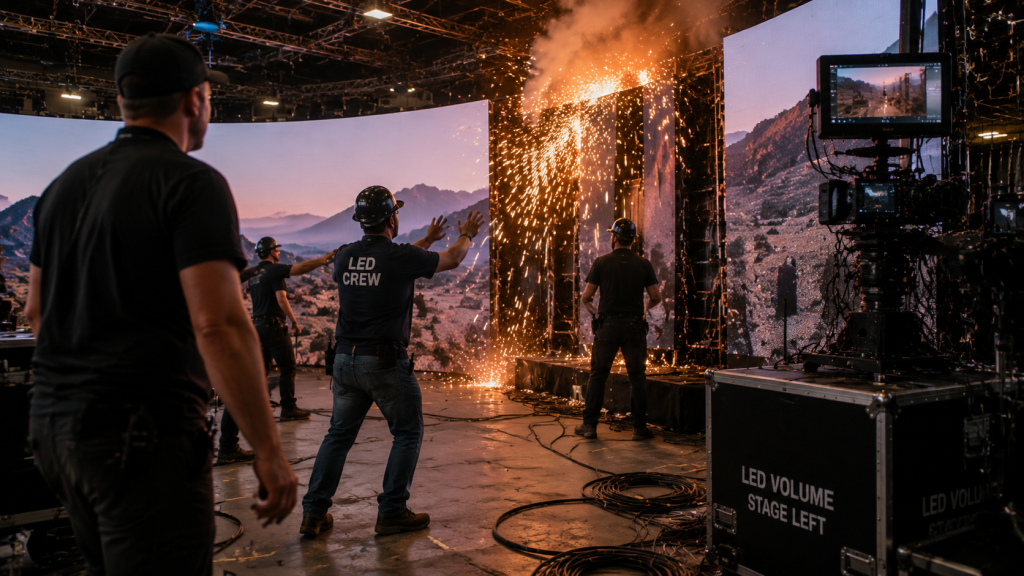 LED volume stage malfunction with sparks during film production setup