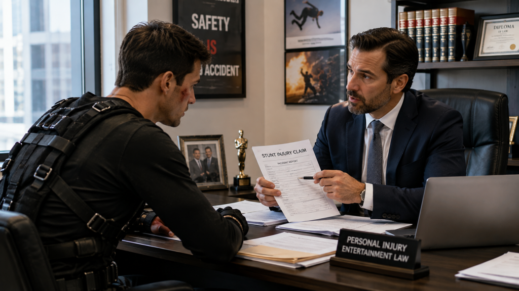 Entertainment lawyer reviewing a stunt injury claim with a client