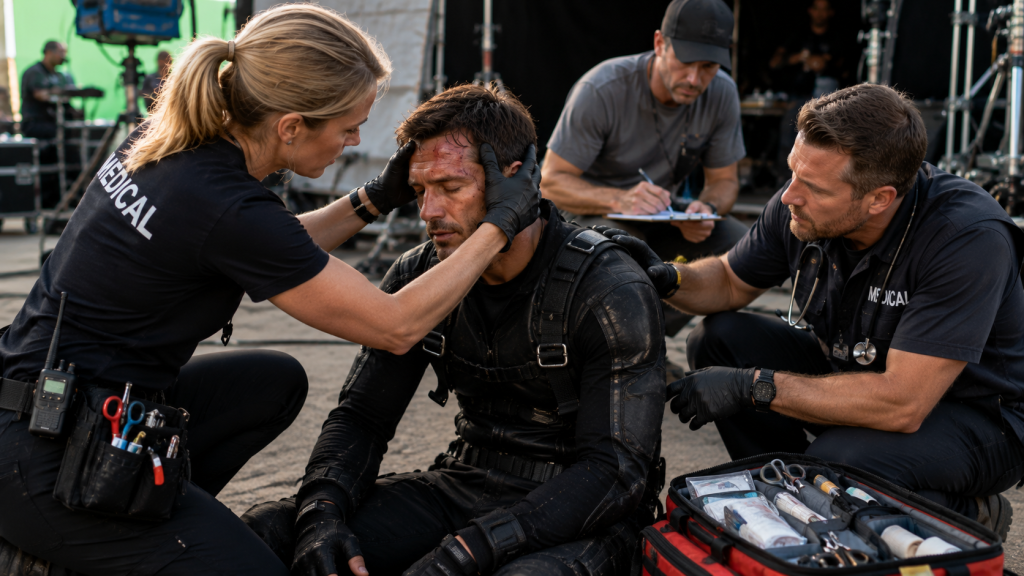Film set medical team evaluating a stunt performer after a head injury