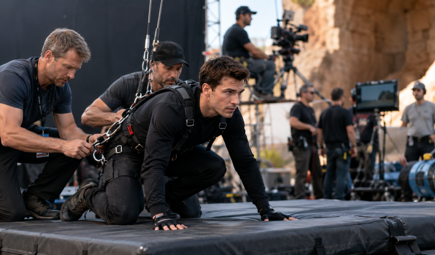 Stunt performer preparing for a controlled film stunt on a professional set