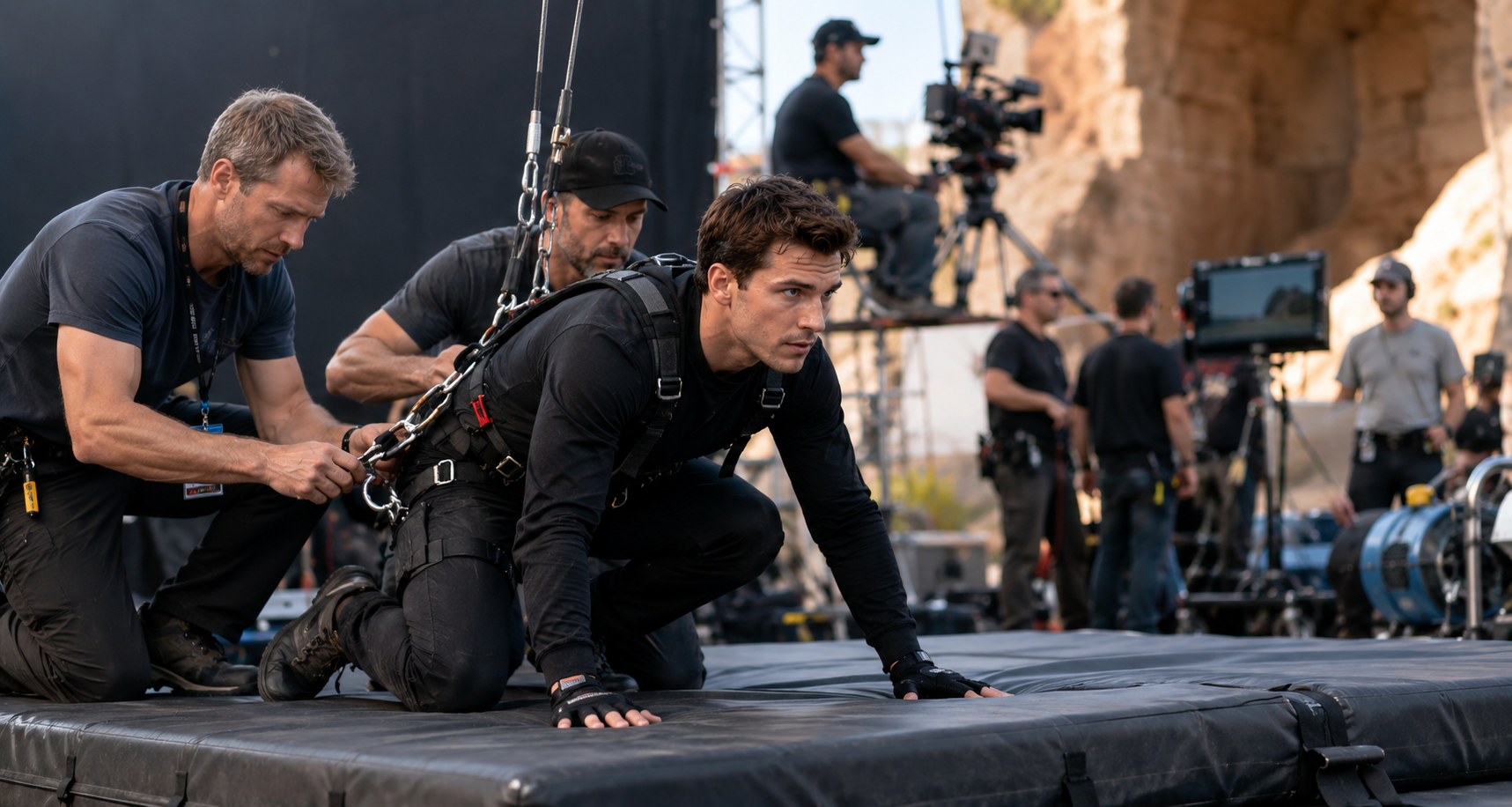 Stunt performer preparing for a controlled film stunt on a professional set