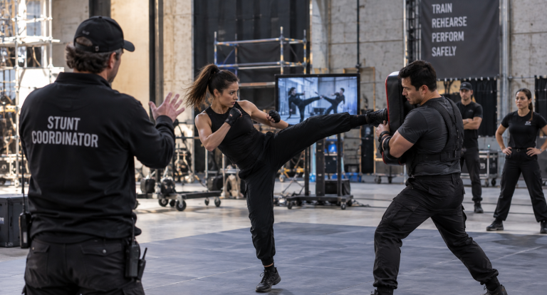 Stunt coordinator supervising performers during a high-impact choreography rehearsal