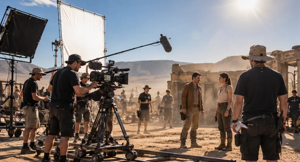 Film crew and actors working on an outdoor movie set under intense afternoon sun
