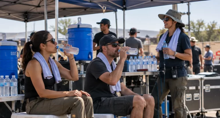 Film crew members drinking water in a shaded hydration station between outdoor takes