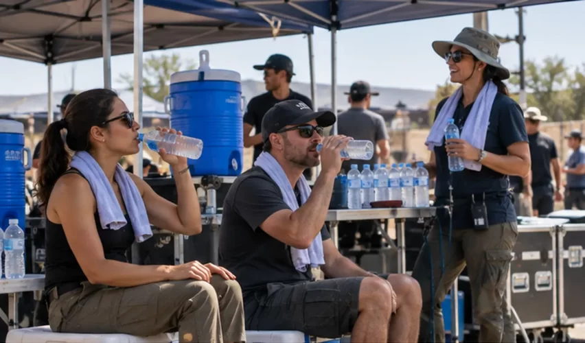 Film crew members drinking water in a shaded hydration station between outdoor takes