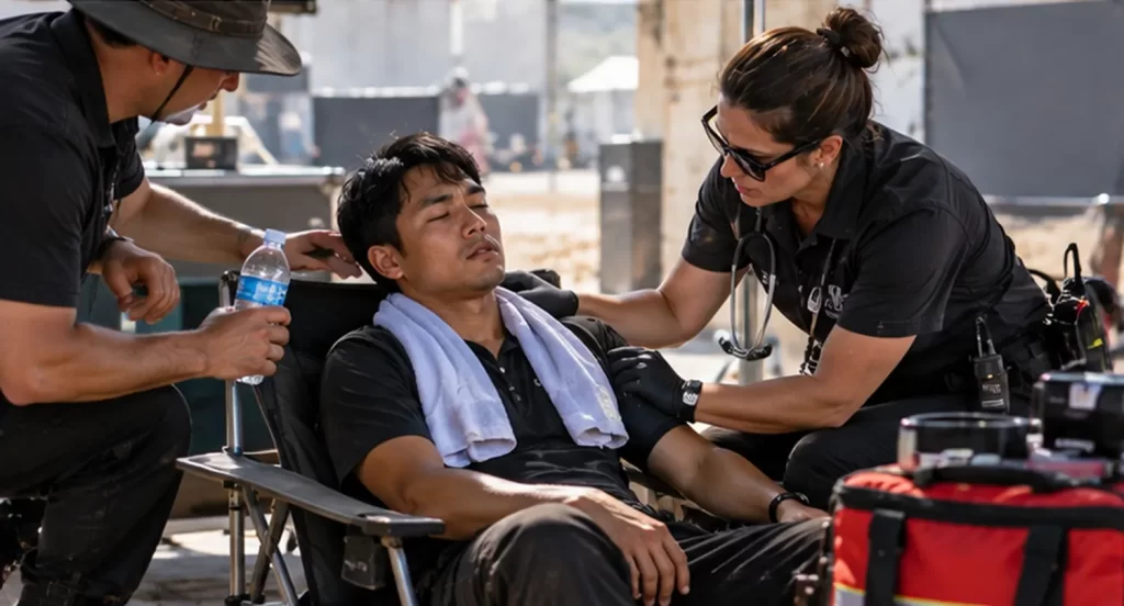 On-set medical personnel assisting an overheated film crew member in a shaded rest area